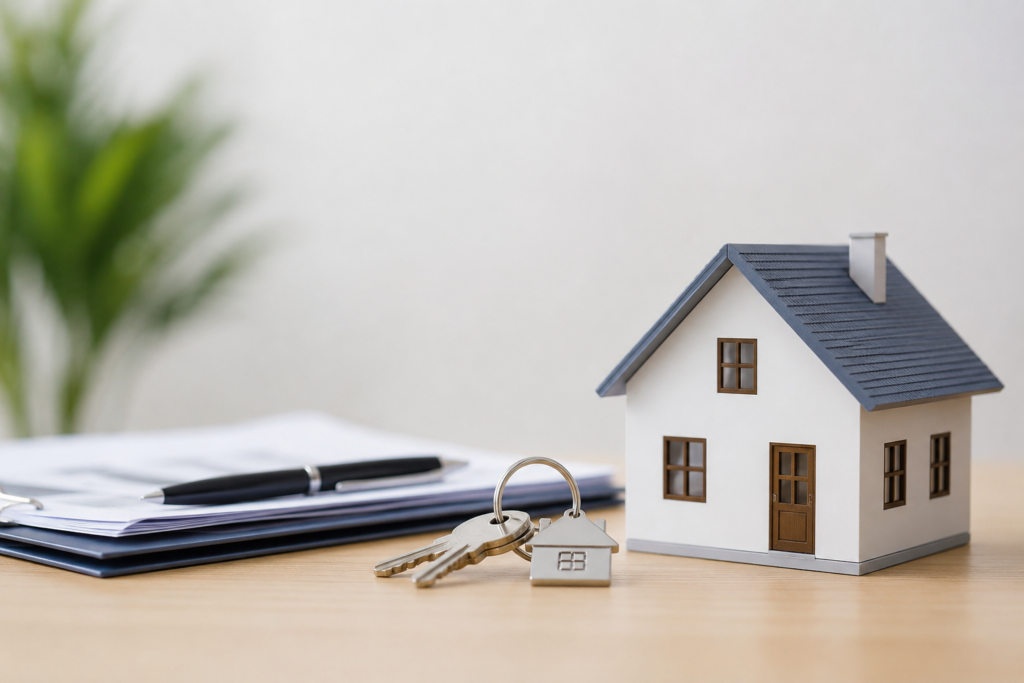 Real estate essentials on wooden desk